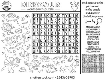 Vector de búsqueda de palabras en blanco y negro rompecabezas para niños con nombres de dinosaurios. Cuestionario de búsqueda de palabras con dinos. Actividad de línea educativa con T-rex, triceratops, estegosaurio. Página para colorear prehistórica de cruz
