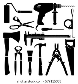 Vector black & white working tools collection for construction and repair. Part two