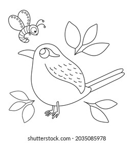 Herrera vectora negra y blanca con hojas e insecto. Divertido ícono de la línea de pájaros de los bosques. Ilustración o página de color de esquema de bosque de corte
