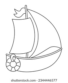 Vector black and white yacht with sails and life circle. Water line transport icon. Funny nautical transportation boat clipart for kids. Cute marine vehicle icon or coloring page
