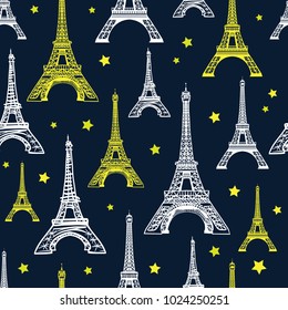 Vector Black, White, and Yellow Eiffel Tower Seamless Pattern. French vector background. Vintage fabric design in pastel colors