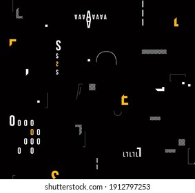 Vector black, white and yellow typography seamless pattern with geometric details and letters.