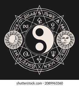 Vector black and white yin yang symbol with magic symbols, sun and moon on a black background in retro style. Esoteric and mystical sign of balance, harmony, Feng Shui, unity and opposites, zen, yoga