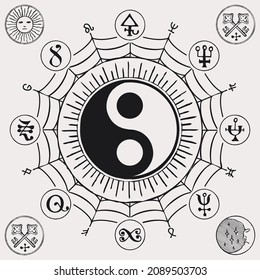 Vector black and white yin-yang symbol with magic symbols in retro style. Esoteric and mystical sign of balance, harmony, unity and opposites, Feng Shui, Zen, yoga, masculine and feminine