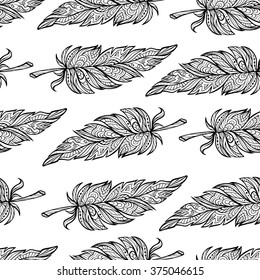 Vector black and white zen doodle feathers seamless pattern. Boho style.