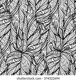 Vector black and white zendoodle feathers seamless pattern. Boho style.