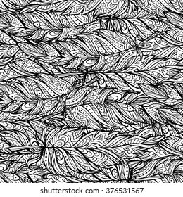 Vector black and white zendoodle feathers seamless pattern. Boho style.