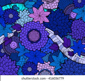 Vector black and white zendoodle tattoo floral background. Floral doodle black and white pattern.