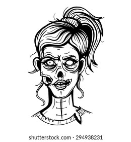 Vector Black and White Zombie Girl Illustration