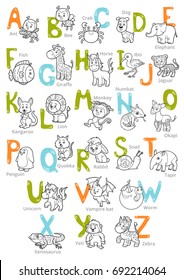 Vector black and white zoo alphabet with cute animals on white background