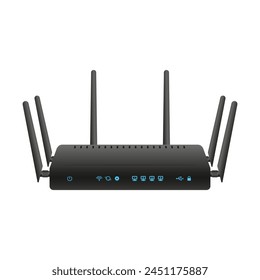 Vector black Wi-Fi router with six antennas and glowing indicators on a white background.