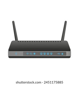 Enrutador Wi-Fi negro de Vector con dos antenas e indicadores brillantes sobre un fondo blanco.