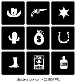 Vector black wild west icon set on black background