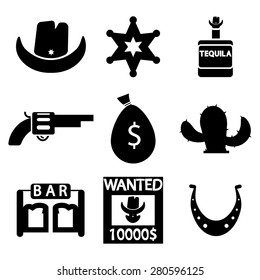 Vector black wild west icon set on white background
