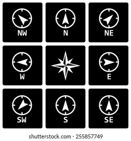 Vector black wind rose icon set on black background.