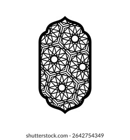 Vector black window frame with arabesques, islamic traditional architecture. Ramadan Kareem celebration. Oriental element for interior and facade. Flat illustration. Isolated icon.