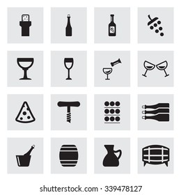 Vector black wine icons set on grey background