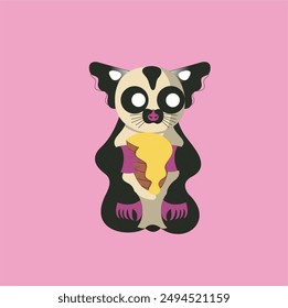 vector of black winged sugar glider animal with white body holding cocoon on pink background