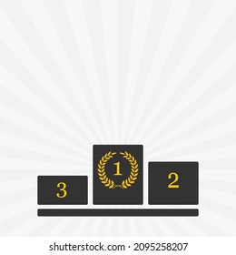 Vector black winners podium, pedestal with gold titles and laurel wreath and rays on background.