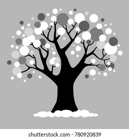 Vector black winter tree on a gray background. Cartoon christmas forest. Dark  tree covered with white snow.