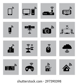 Vector black wireless icon set on grey background