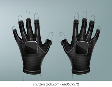 Vector black wireless virtual reality gloves put on line art hands top view isolated on gray blur background