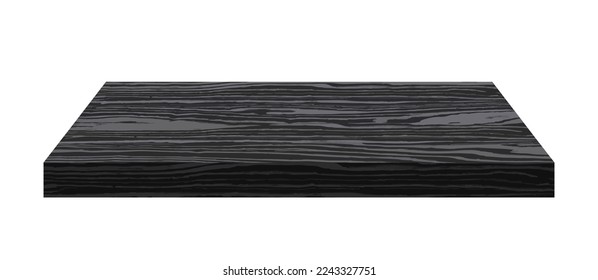 Vector black wood table top isolated on white background. Dark square long wooden desk. 3d oak stage for cosmetics. Cube food realistic plate. Floor tile plank. Premium podium stage