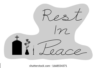 Vector - Black wording Rest In Peace (RIP) with gravestone, jar of flower and candle on gray background. Sadness, Condolence.