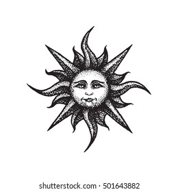 vector black work tattoo dot art hand drawn engraving style vintage sun face illustration isolated white background
