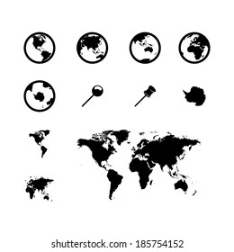 Vector black world map icons set on white background