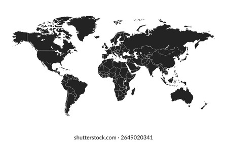 Vector black world map silhouette with country borders isolated on white background
