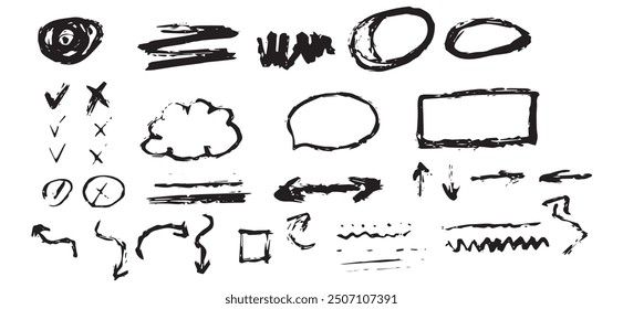 Conjunto de líneas, marcas de X, trazos de subrayado, garabatos y flechas de colección dibujadas a mano de marcador desgastado negro de Vector. Elementos decorativos doodle set.