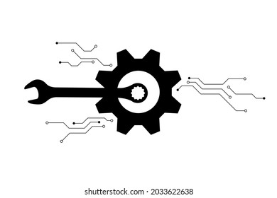 Vector black wrench with cogwheel and circuit on white background for technology background