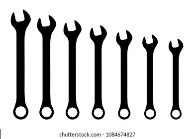 Vector black wrench spanner set on white background