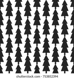 Vector black xmas fir seamless pattern. Merry Christmas and happy new year greeting card backdrop design. Retro hand drawn flat art on white background.