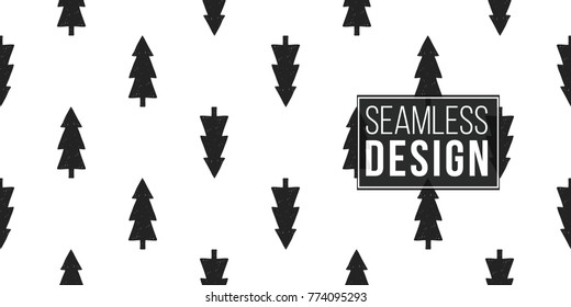 Vector black xmas fir seamless pattern. Merry Christmas and happy new year greeting card backdrop design. Retro hand drawn flat art on white background.