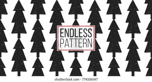 Vector black xmas fir seamless pattern. Merry Christmas and happy new year greeting card backdrop design. Retro hand drawn flat art on white background.