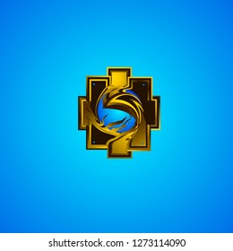 Vector black and yellow geometric abstraction cross and wave concept symbol logo ocean sea water with gradient on blue background