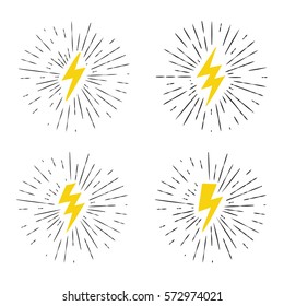Vector black and yellow grunge retro set with lightning bolt signs with sunburst effect.