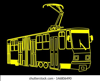 Vector black and yellow illustration of tram. in night, isolated on black background
