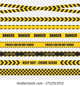 Vector black and yellow police stripe border. Set of danger caution seamless tapes. Art design crime line for restriction and dangerous zones.