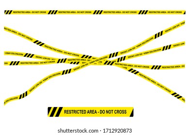Vector Black and Yellow Ribbon, Police Line, Restricted Area, Do Not Cross Due The Covid-19 Pandemic