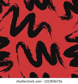 vector black zigzag painting brush seamless pattern on red