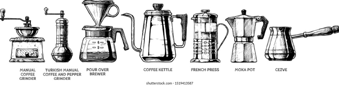 Conjunto de ilustraciones de color blanco y negro de la preparación del café. 7 objetos incluidos: Molino manual y turco, Moler sobre cervecería, hervidor, prensa francesa, olla de Moka, Cezve