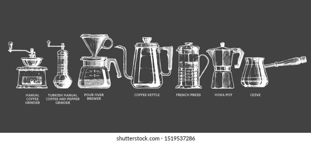 Vector black-and-white hand drawn illustration set of coffee preparation. 7 objects included: Manual and turkish grinder, Pour over brewer, kettle, French press, Moka pot, Cezve. On black background.