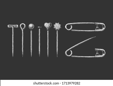 Vector black-and-white hand drawn illustration in vintage engraved style of different sewing pins. T-pin, hook-head, ball-point, silk, flat plastic head and safety pin.