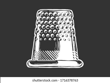 Vector black-and-white hand drawn illustration of thimble in vintage engraved style. Side view. isolated on black background. 