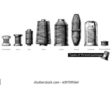 Vector black-and-white hand drawn illustration of sewing thread bobbins types in vintage engraved style. isolated on white background. Side view.