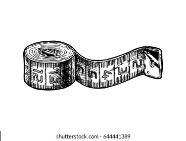 Vector black-and-white hand drawn illustration of tape measure in vintage engraved style. isolated on white background. 