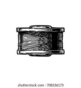 Vector black-and-white hand drawn illustration of prewound bobbin in vintage engraved style. isolated on white background. Side view.